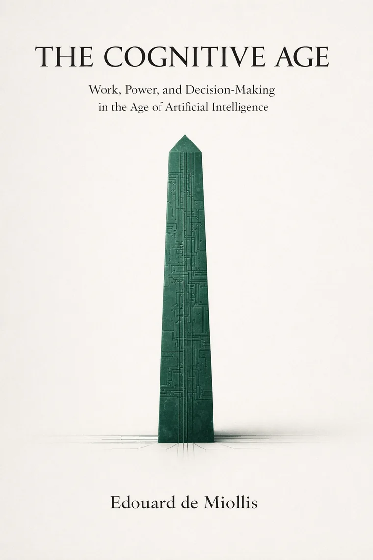 Couverture de The Cognitive Age : un obélisque de serpentine verte gravé de circuits.